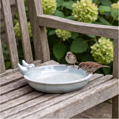 Bain d'oiseaux en céramique fait à la main 11,8 pouces, bleu clair avec lustre argenté, ornements d'oiseaux rétro, bol de bain d'oiseaux extérieur pour jardin, patio, cour arrière