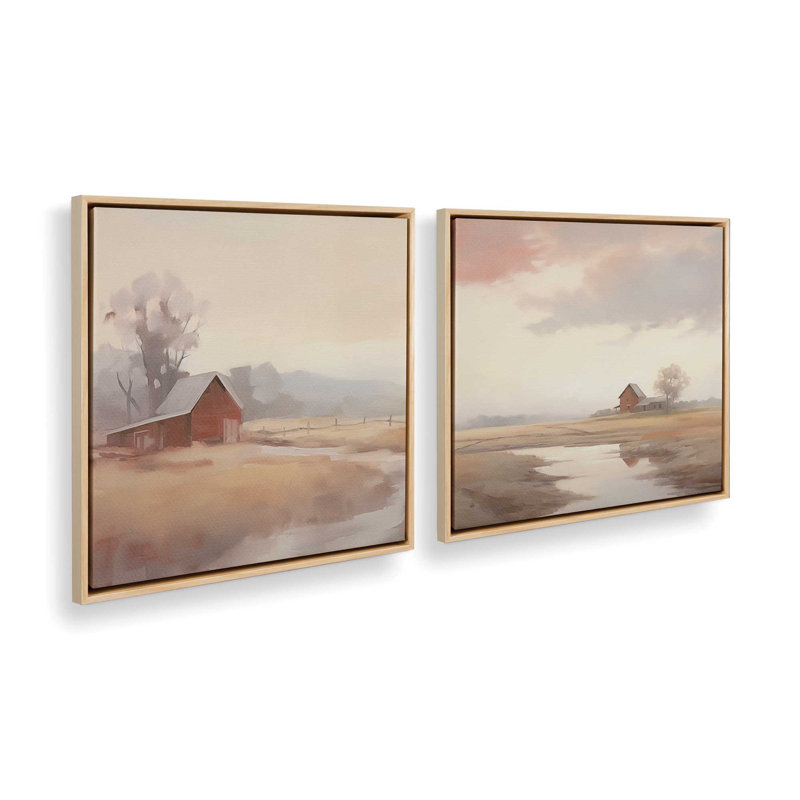 Rustic Barns and Misty Fields, ensemble de 2 reproductions sur toile, Encadrement brun clair