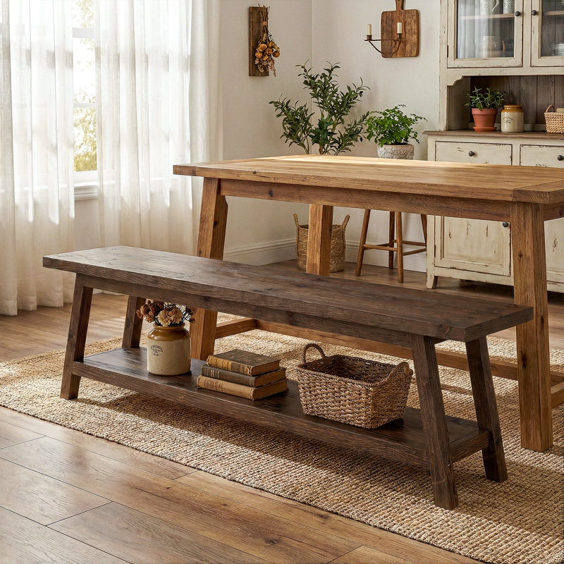 Le banc de salle à manger en bois massif de 63 pouces avec tablette de rangement de 63 pouces peut accueillir 2 à 3 personnes dans la salle à manger