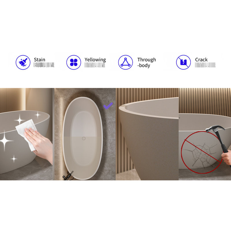 Baignoire autoportante de 55 po en pierre de résine à surface solide, couleur beige, trop-plein et bonde escamotable, usure, spacieuse à usage unique, conception ergonomique, toucher facile, installation facile, 30,34 po