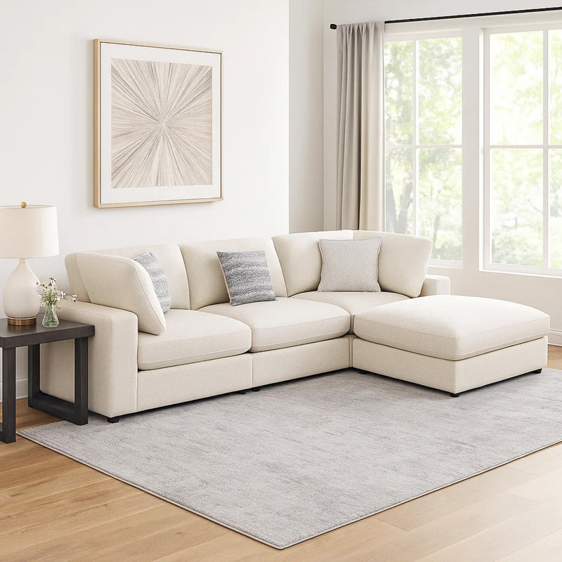 Canapé modulaire avec repose-pieds 4 pièces Serena, Tissu beige / mélange de lin / jacquard