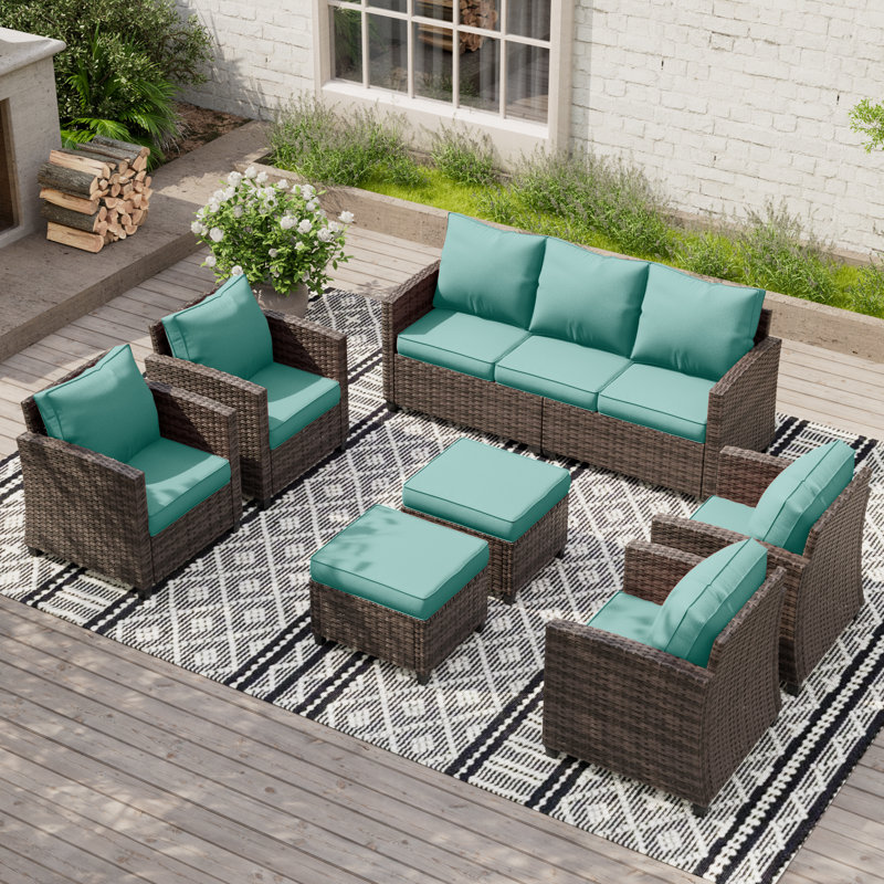 Samya 7/9 - Person Outdoor Conversation Sets With Rocking Chairs&Ottoman, Brown Frame/Light Blue Cushion