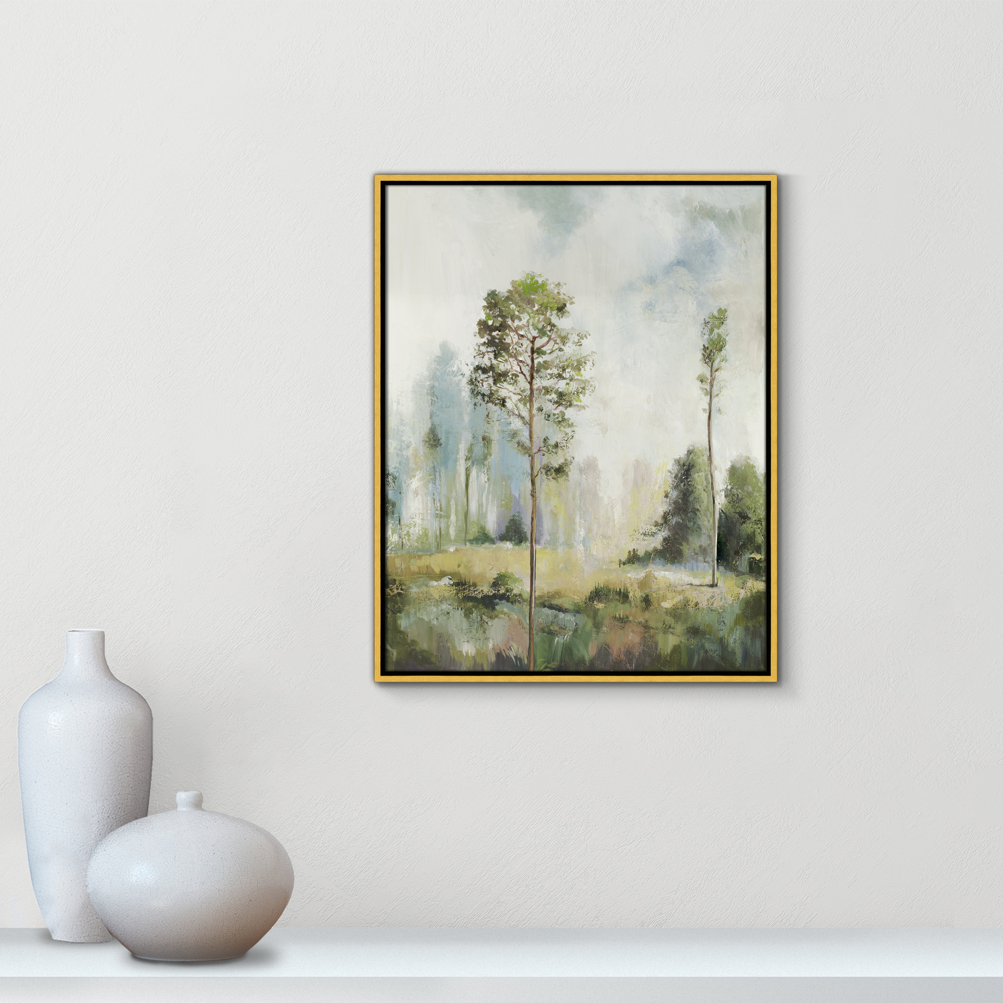 Tall Green Trees I by Teton Pearce - Floater Frame Print on Canvas, Gold, 29.5" H x 23.5" W