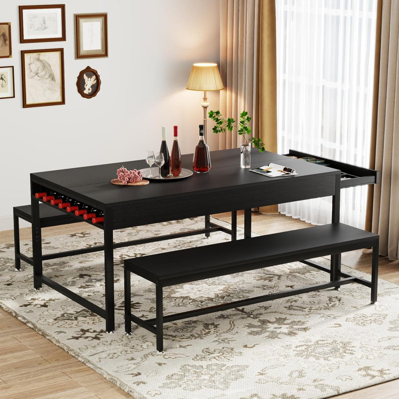 Black 63" Modern Dining Table Set with Benches and Storage