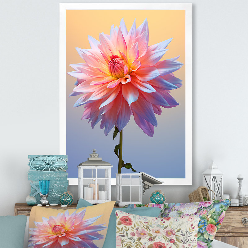 Danse corail et bleu Dahlia I - impression, H 20 po x l 12 po x P 1 po, Cadre simple blanc