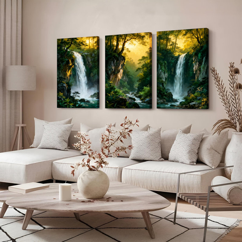 Tableau sur toile tendue représentant un paysage de forêt et de cascade (ensemble de 3), H 18 po x l 36 po