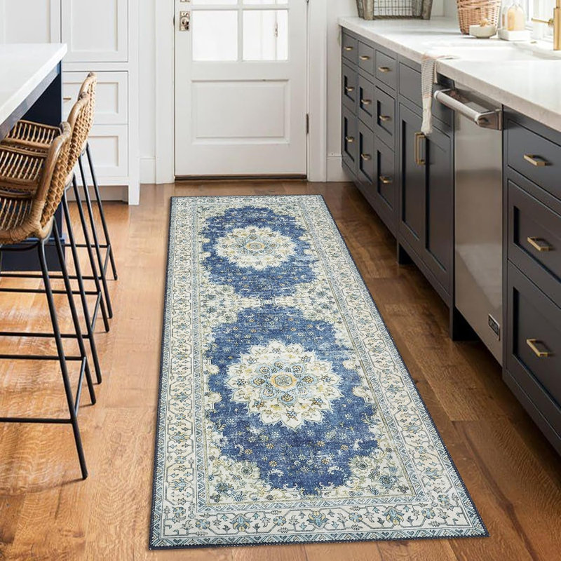 Vintage Boho Area Rug – Washable Floral Print, Non-Slip, Low Pile Carpet for Bedroom, Living Room, Dining Room (Blue)