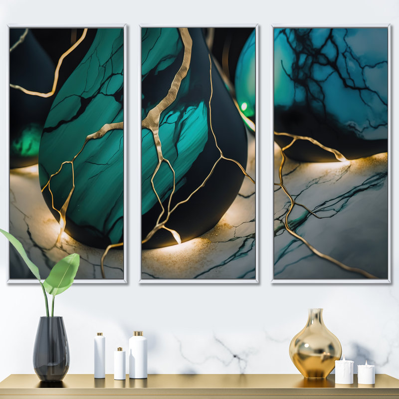 «Abstract Geode Green V», reproduction sur toile flottante 3 pièces, H 32 po x l 48 po x P 1 po, Blanc