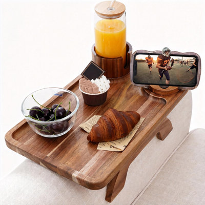 Large Acacia Wood Sofa Arm Tray Table With 360° Rotated Phone Holder (Natural)
