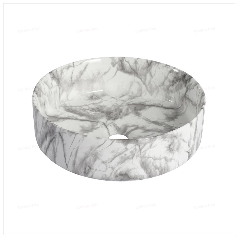 Lavabo de salle de bain rond en céramique avec motif gris, facile à nettoyer et résistant aux taches