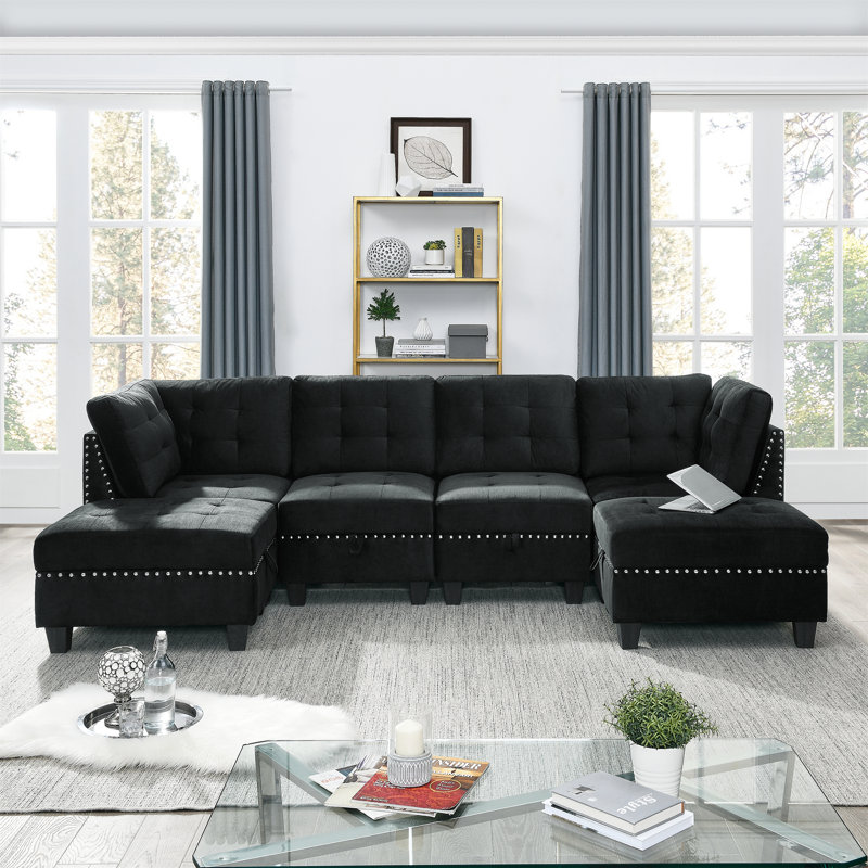 Canapé modulaire de 57 po de large à assise modulaire avec repose-pieds, canapé modulaire, canapé modulaire, Polyester noir