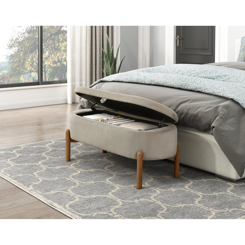 Mid-Century Modern Storage Bench In Taupe With Foam Cushioned Seat And Plywood Frame Cushion Corduroy Upholstery, Taupe