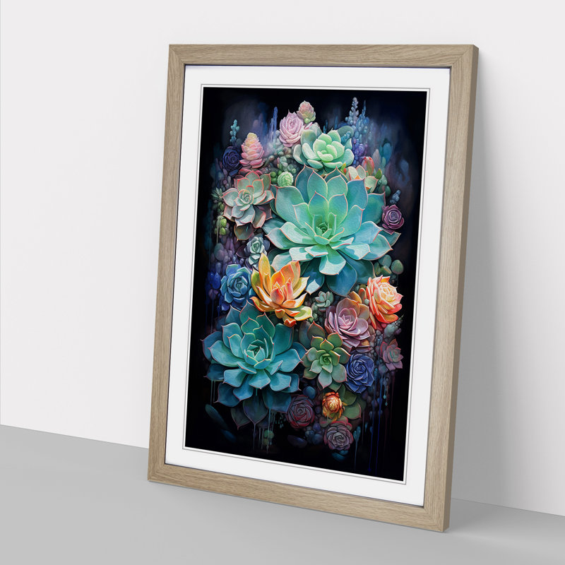 Succulent Art Informel Art - Framed Print, 64cm H x 46cm W, Oak Framed