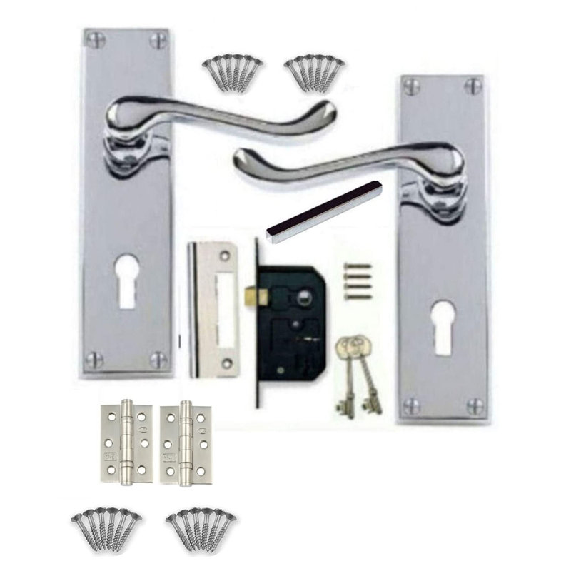 Golden Grace Victorian Design Scroll Door Handles in Polished Chrome Finish with 3 Lever Lock & 1 Pair of 3" Ball Bearing Hinges - 150mm x 40mm