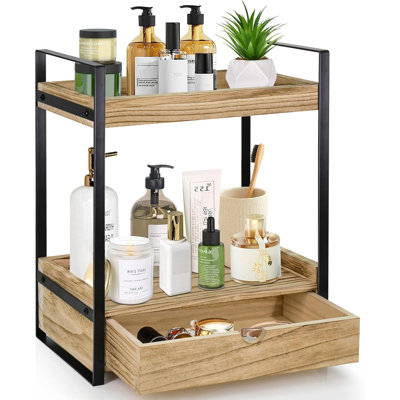 Comptoir de salle de bain à 2 niveaux avec tiroir, tablette de comptoir en bois pour le rangement de la salle de bain, plateau de meuble-lavabo pour l'organisation et la décoration de la salle de bain, organisateur de comptoir pour la salle de bain, cuisine, bureau, blanc