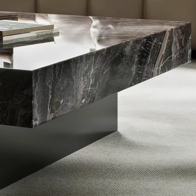 42" Square Faux Marble 2 Legs Modern Coffee Table, Black