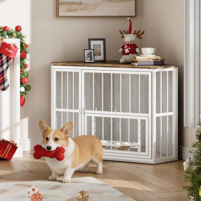 Meuble de 42 po pour cage d'angle, cage intérieure en bois avec porte pivotante à 360 ° et bols en acier inoxydable, table de bout pour petits chiens