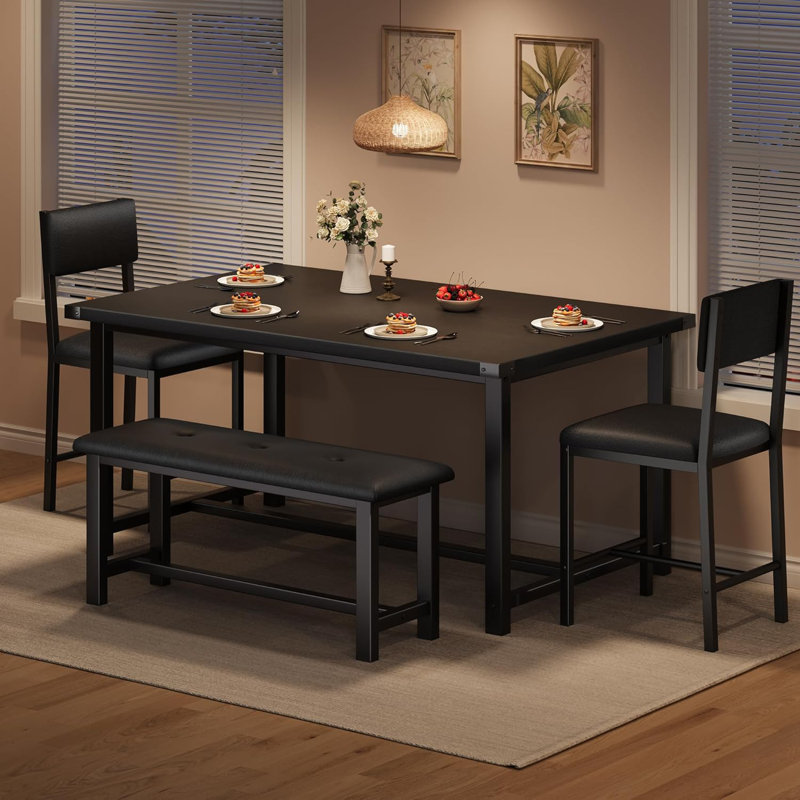 Ensemble de table de salle à manger pour 4 personnes, table de cuisine et 2 chaises rembourrées avec banc, Noir