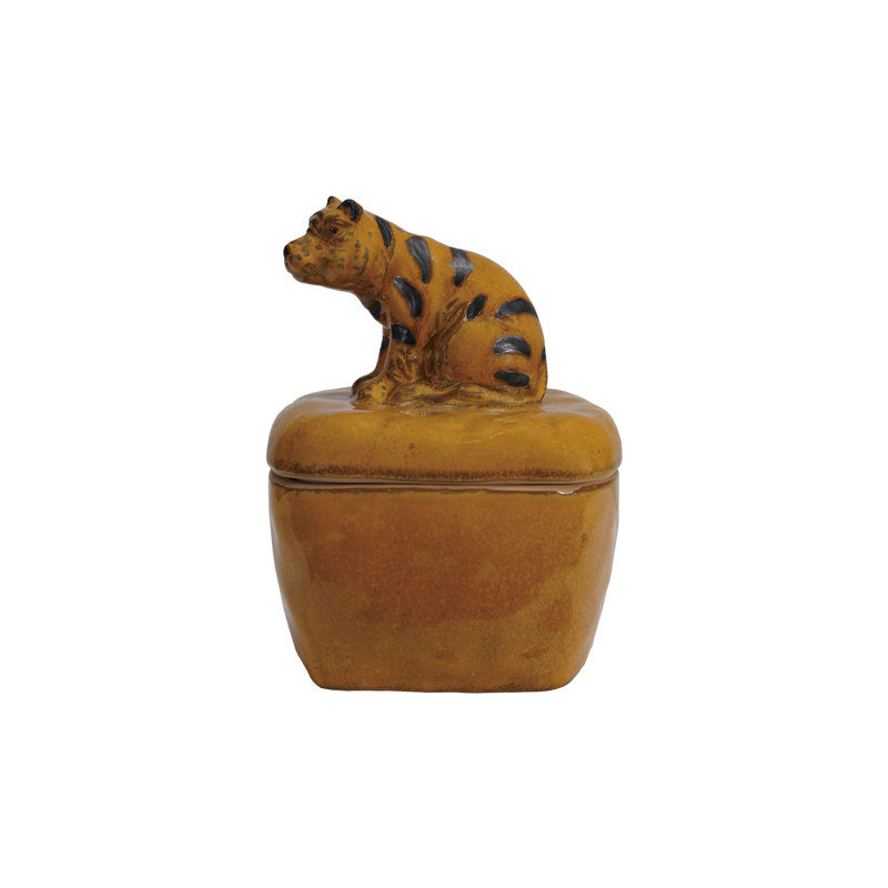 Pot en grès avec poignée en tigre et couvercle avec glacis réactif, orange