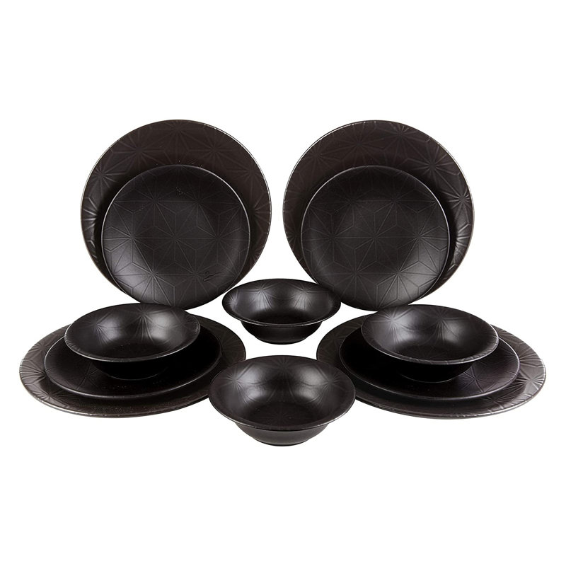 Service de table Fulya en porcelaine noire, 12 pièces, pour 4 personnes, compatible avec le micro-ondes et le lave-vaisselle.