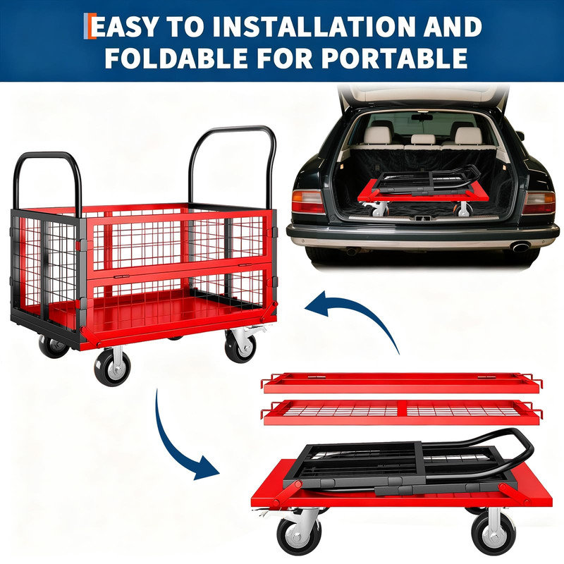 Camion plateforme pliable 6 en 1 avec cage - capacité de 1800 lb, chariot roulant polyvalent pour le déplacement, l'épicerie, la lessive et l'entrepôt