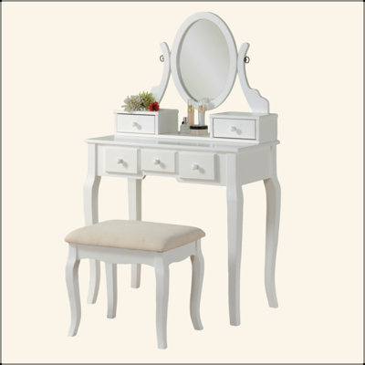Ensemble coiffeuse et tabouret en bois, blanc