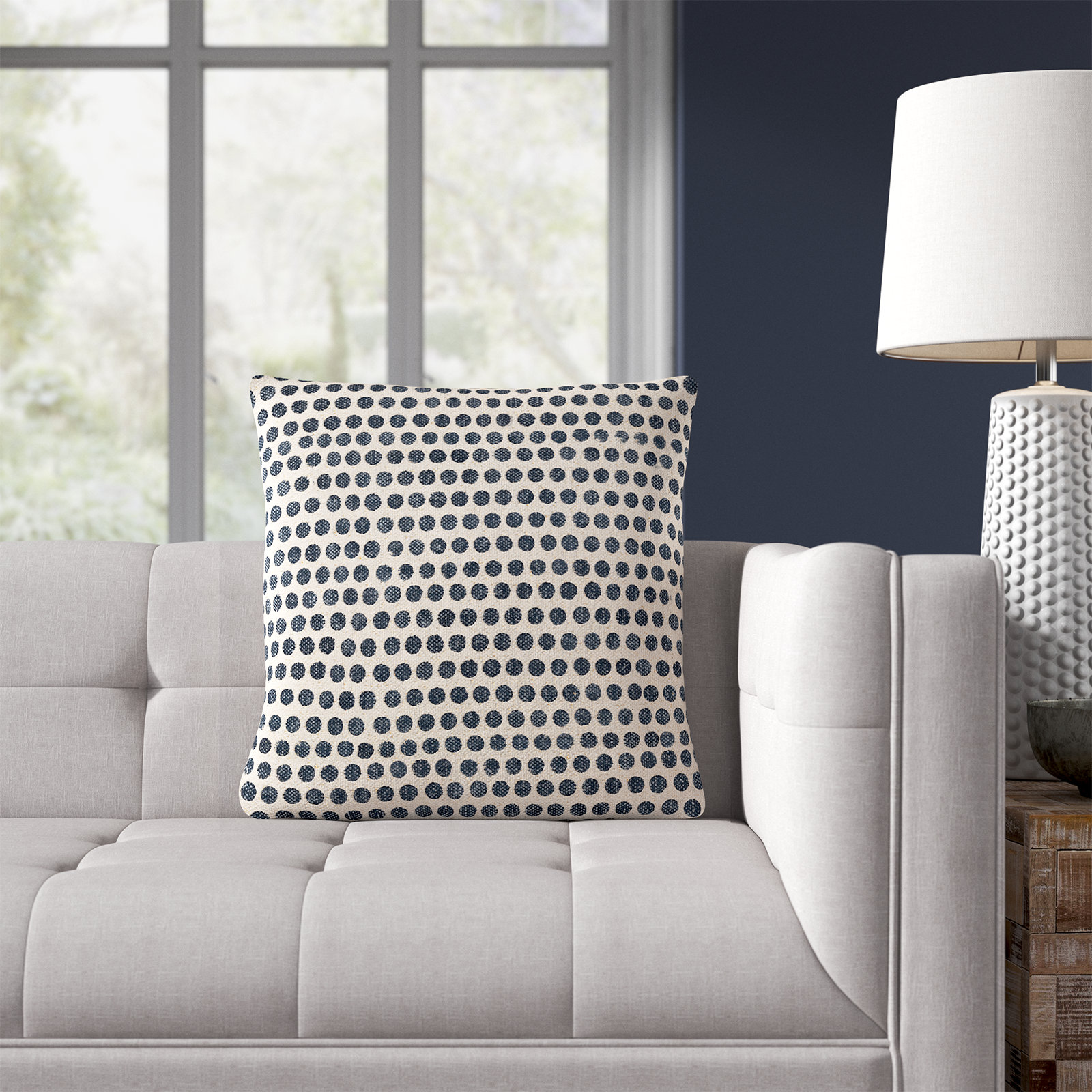 Zetta Polka Dots Cotton Throw Pillow, Pillow Cover Only - No Insert, Light Beige/Dark Blue, 20" x 20"