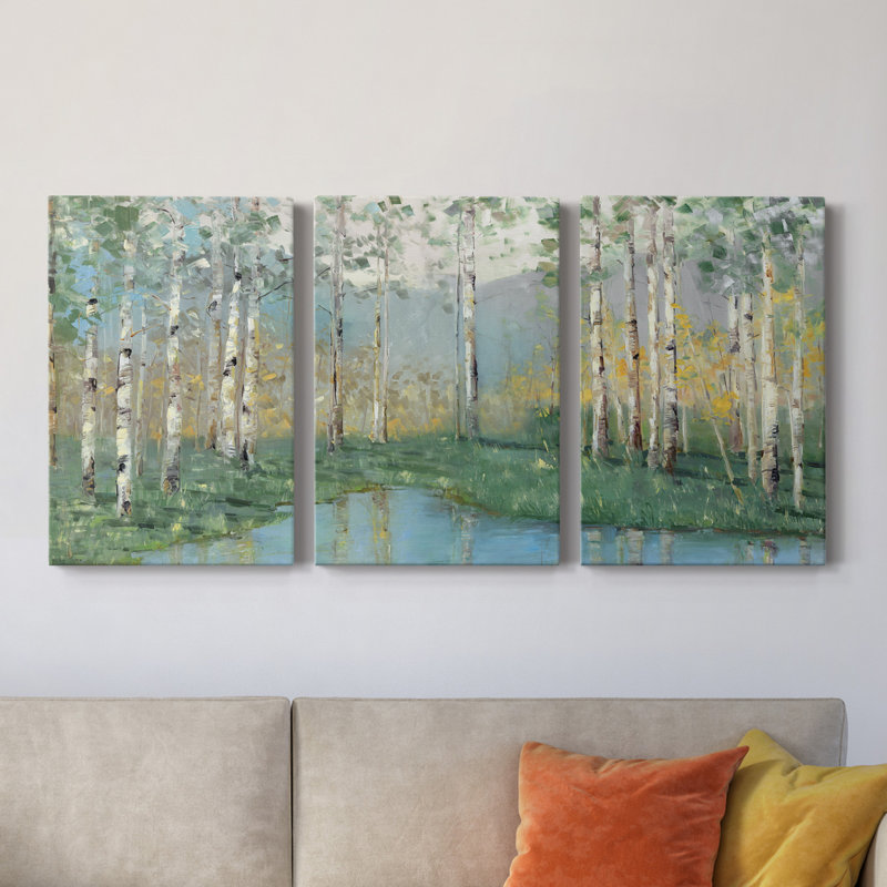 Birch River Reflections - Ensemble de 3 peintures sur toile tendue, H 36 po x l 72 po x P 1,5 po