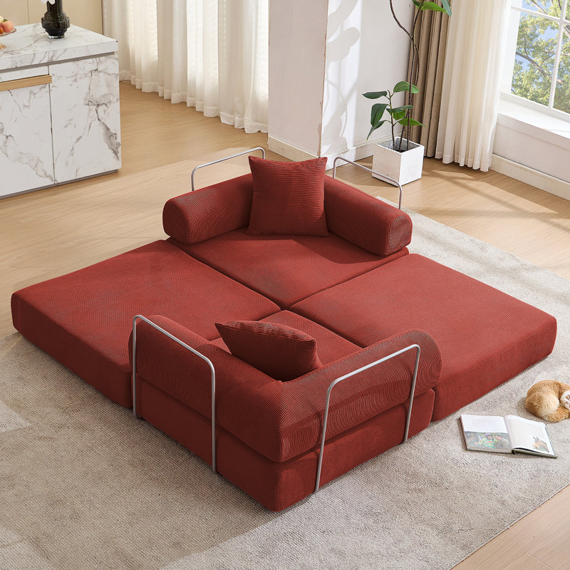 Canapé-lit modulaire convertible pour petits espaces, aucun assemblage requis, tissu en velours côtelé avec accoudoirs amovibles et structure de forme fixe