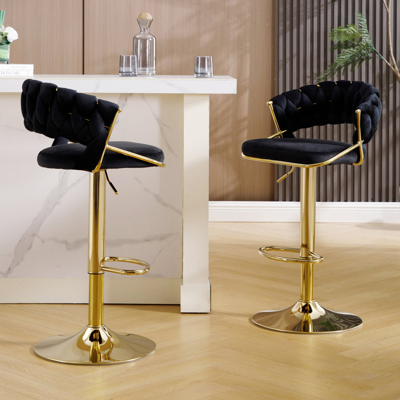 Adjustable Velvet Gold Bar Stools with Woven Open Back for Kitchen Island , Black
