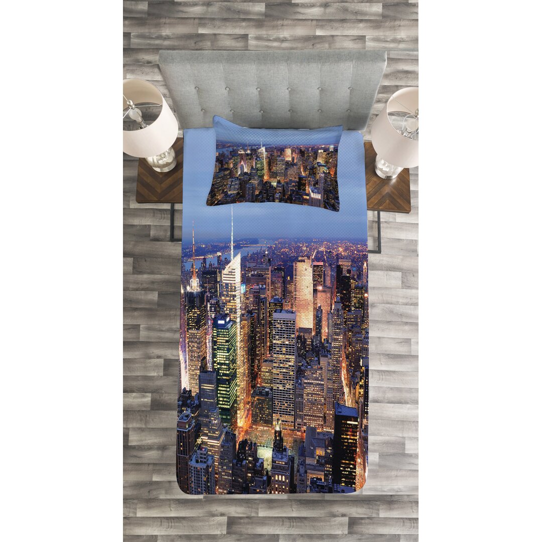 Gestepptes Bettdecken-Set, Luftaufnahme von New York City, Landschaft, Blau