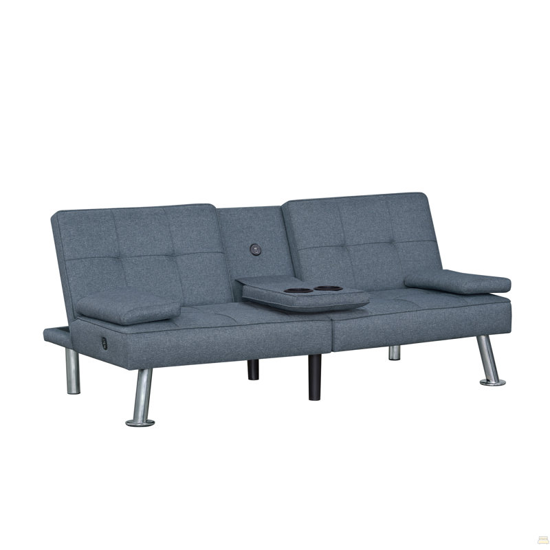 Canapé-lit convertible moderne en tissu gris avec ports USB et porte-gobelets rabattables