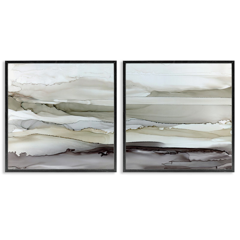 Ensemble de 2 impressions abstraites à l'aquarelle et à la vague gris brun, H 17 po x l 17 po