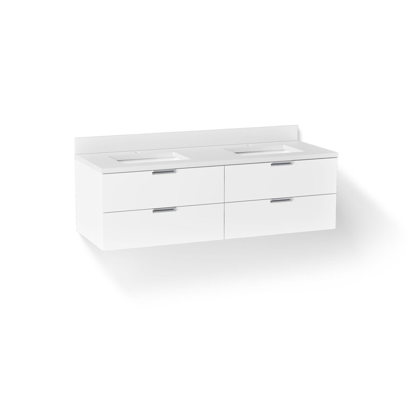 60 po Maxstow Meuble-lavabo mural avec lavabo et comptoir en quartz, Blanc
