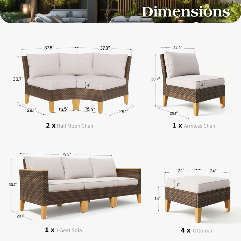 Shutesbury 10 Piece Wicker Outdoor Patio Conversation Furniture Sectional Set with Cushions, Beige