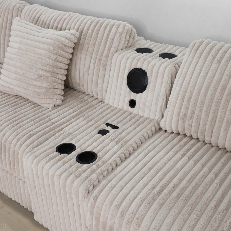 Vega Reversible Faux Fur Sectional with Media Console And Storage Ottoman, Beige Carduroy
