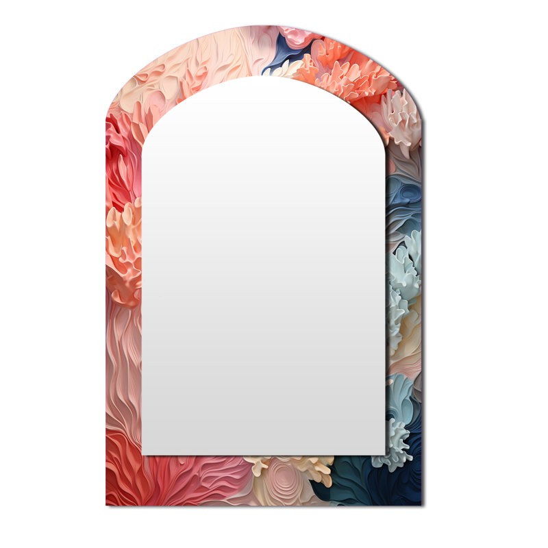 «Pink and White Coastal Coral Collage», miroir mural asymétrique décoratif corail, grand miroir en arche rose, impression d'art en métal