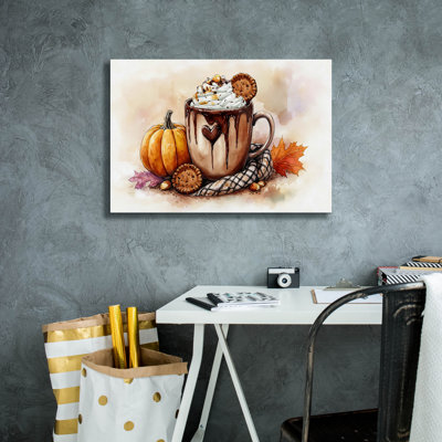 'Cup Of Chocolate And Cream With Pumpkin And Cookies' by Momart Canvas Wall Art, 26" x 18"