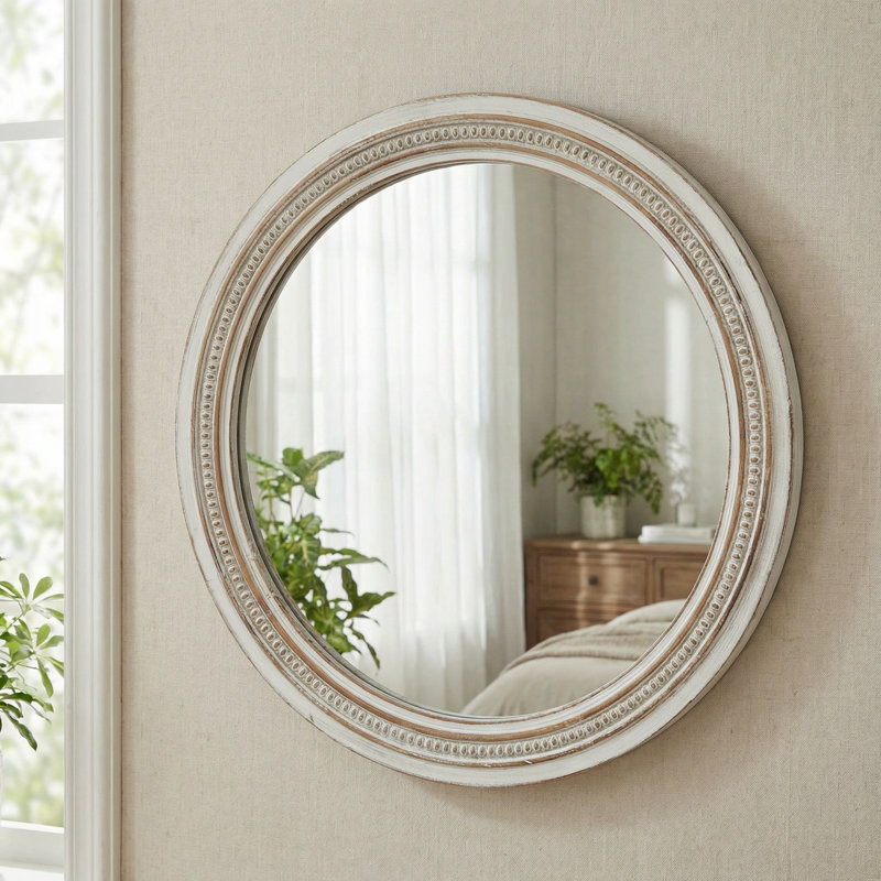 23.62'' Vintage Round Wall Mirror with Ornate Beaded Trim Frame & Pre-Installed Hanging, Decorative Mirror with Large Reflective Surface for Bathroom Bedroom Living Room, Natural Wood
