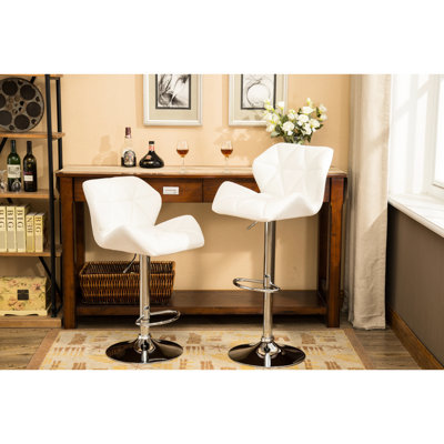 Contemporary Adjustable Height Stools, White - Of 2 With Diamond- Seat And Foot Rest For Optimal Seating Bar White, , Hydraulic Height, Pu Leather A Comfortable Sit