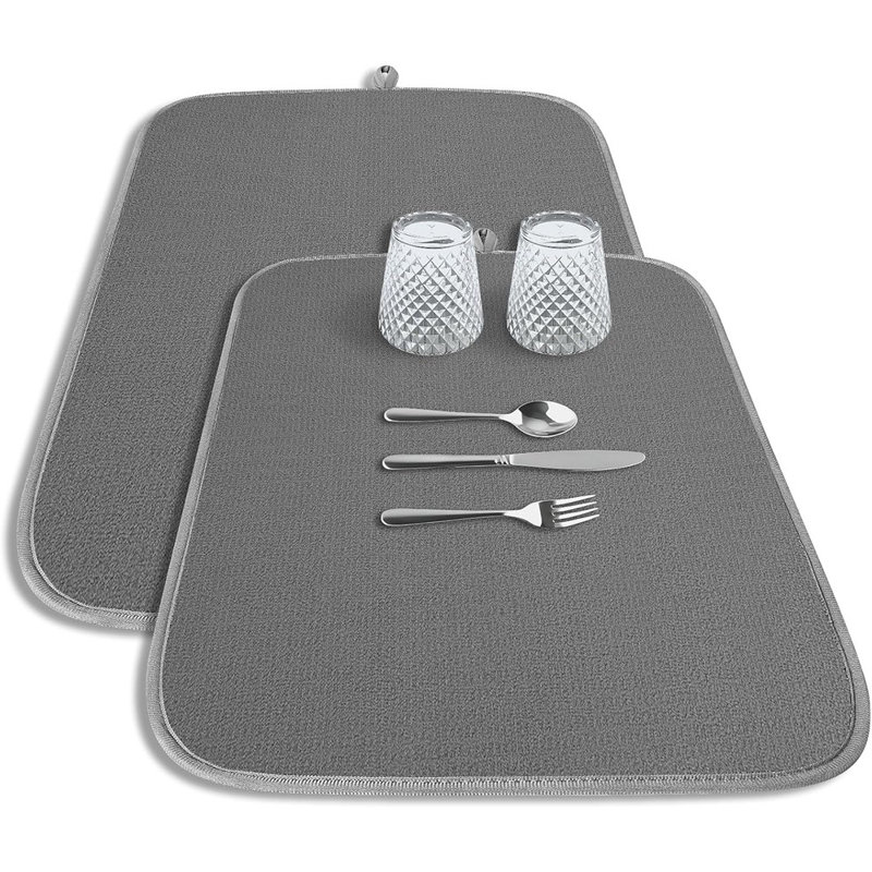 Dish Drying Mat – Dark Grey – 2 Pack, Washable Microfiber, 3-Layer Ultra Absorbent, Hanging Hook, Kitchen Counter Use