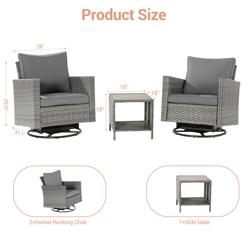 Ensemble de conversation avec chaise berçante rotative en osier pour 2 personnes Mickael, Gris, Gris