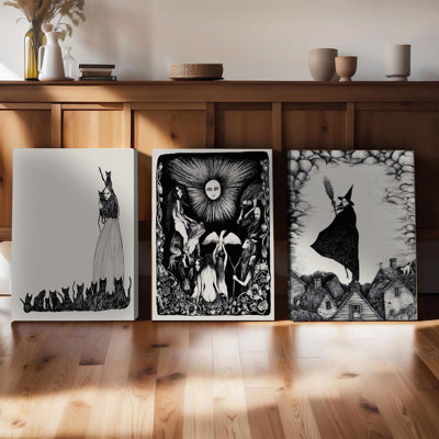3PCS Wall Arts Posters Framed, Witchcraft Themed Canvas Wall Art Set of 3 Black and White Gothic Decor Illustrations Mystical Witch Cat Sun Moon House Prints for Halloween Living Room Bedroom Home Decoration