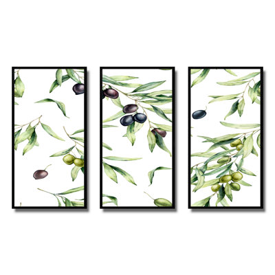 «Green and Black Olives With Olive Branches & Leaves», peinture sur toile 3 pièces