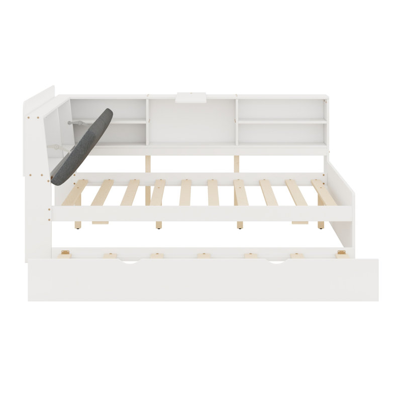 Lit plateforme avec lit gigogne, tablettes et tête de lit, Lit double, Blanc