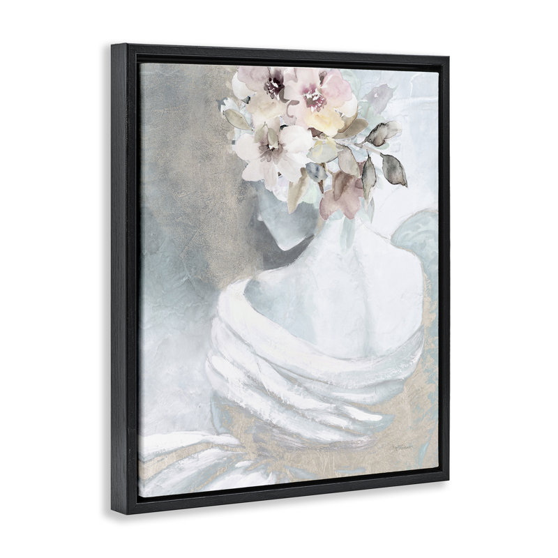 «Woman & Florals Visage», art mural encadré flottant par Carol Robinson, Cadre flottant noir de jais, H 21 po x l 17 po