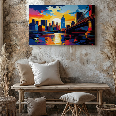Reproduction d'art sur toile moderne, paysage urbain, coucher de soleil, pont, reflet, paysage urbain, pour le salon, la chambre à coucher, le bureau, le couloir, l'entrée, le mur de la galerie et la décoration moderne