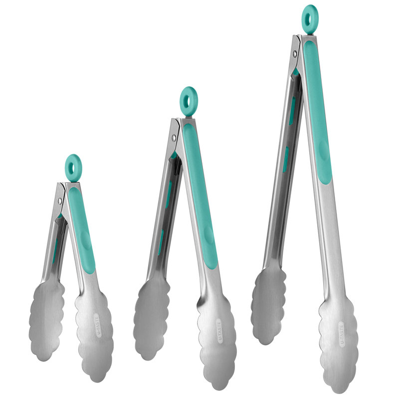 U-Taste 18/8 Stainless Steel Kitchen Tongs: 7+9+12 Inch Heat Resistant Metal Cooking Tong Set, Aqua Sky
