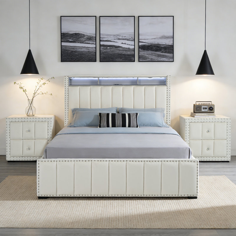 Ensemble de chambre moderne 3 pièces, lit plateforme rembourré avec station de recharge USB et éclairage DEL et deux tables de chevet