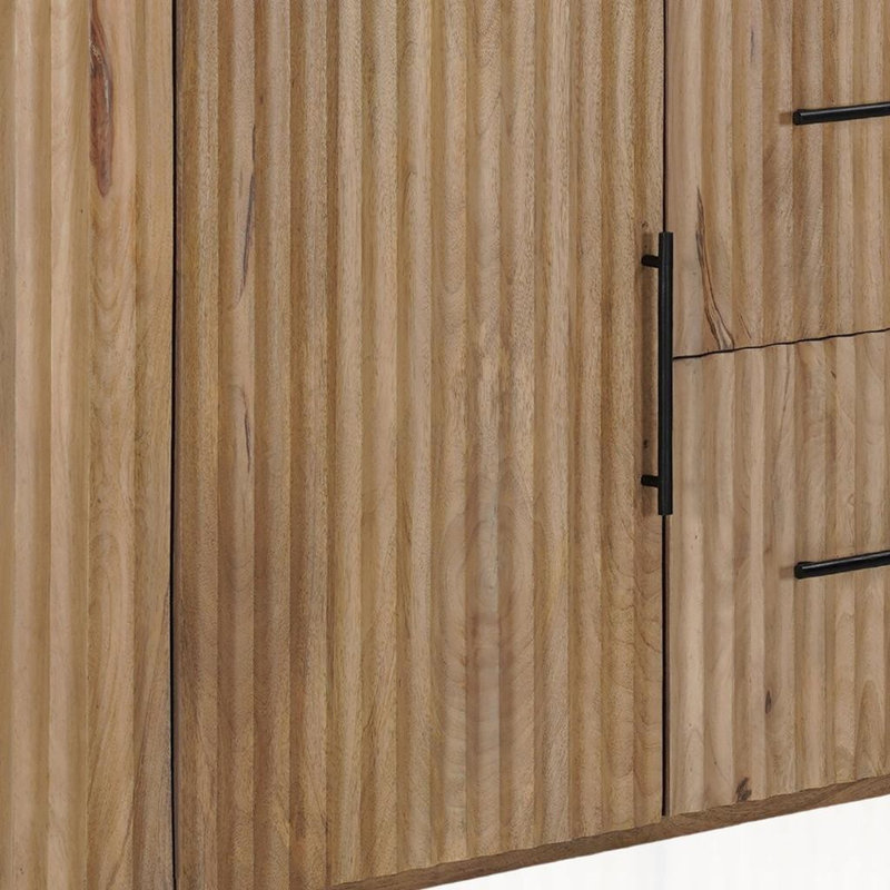 63" Brown And White Solid Wood And Marble Ribbed Texture Sideboard with Two Doors